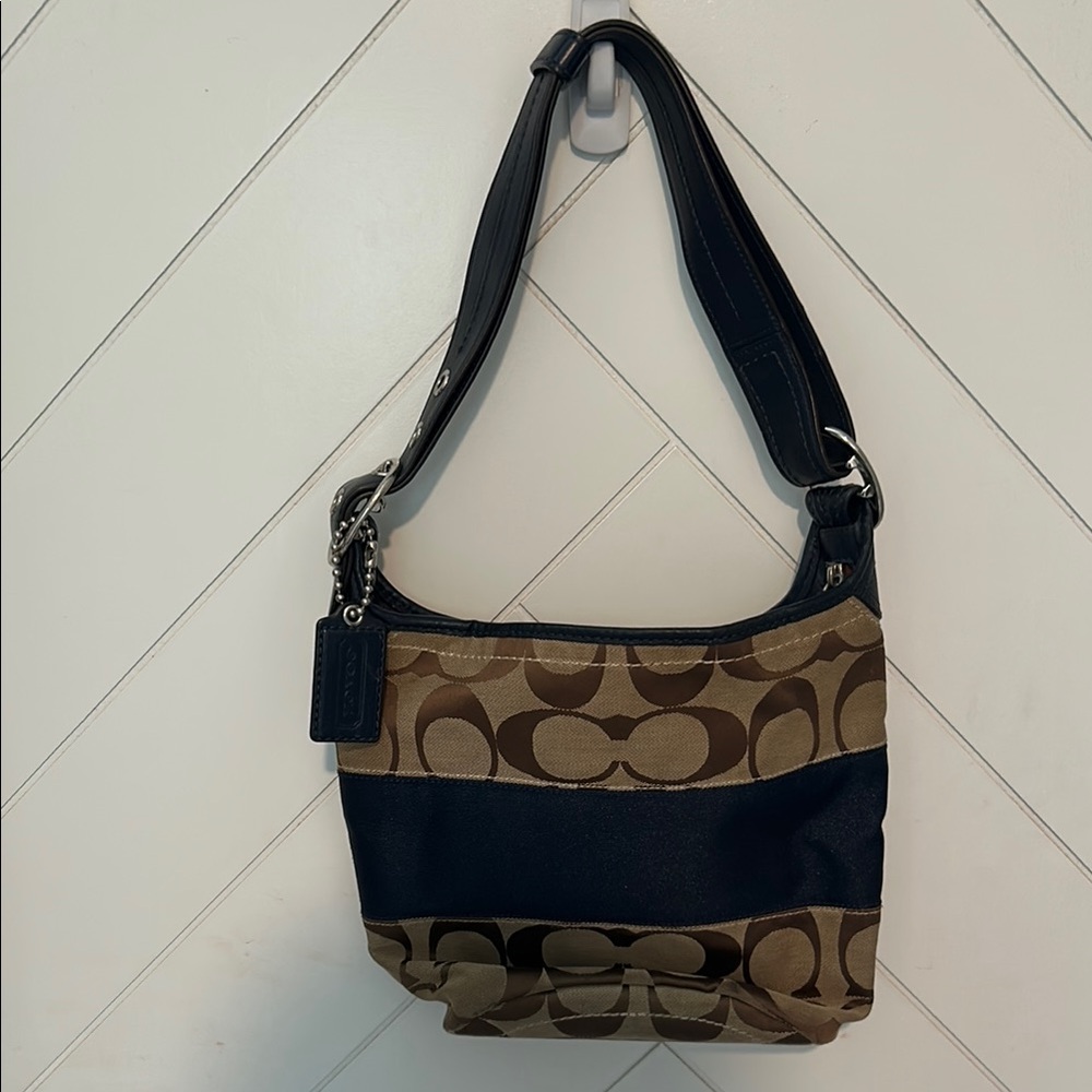 Coach Brown and Navy Shoulder Bag with Monogram Design